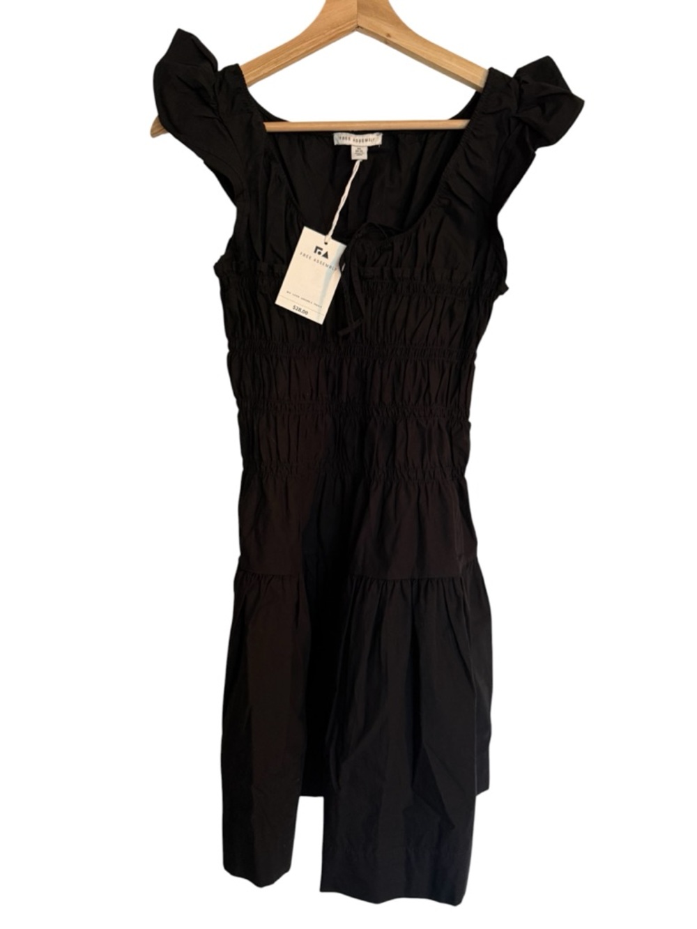 Free Assembly Black Smocked Midi Dress with Ruffle Sleeves